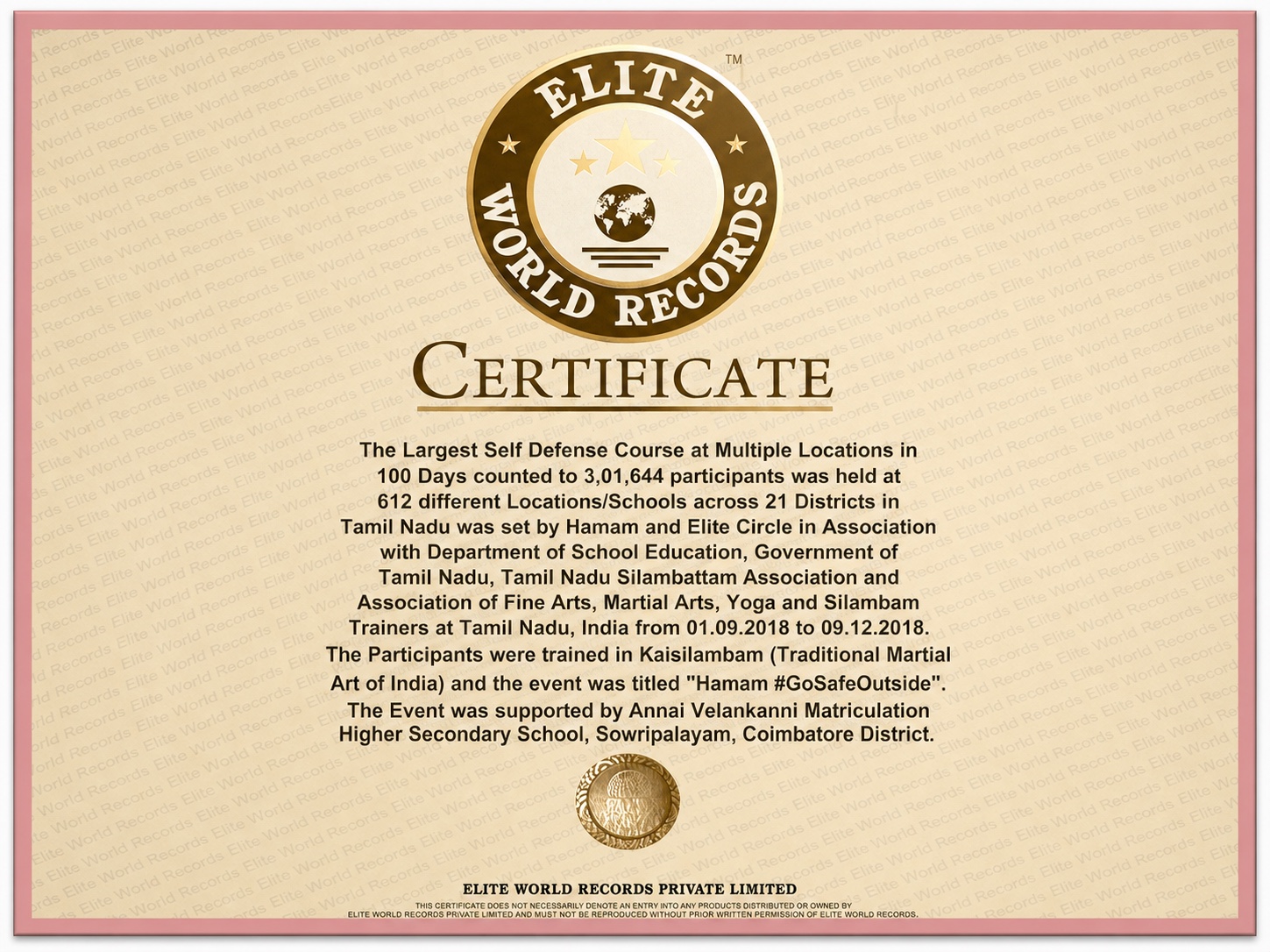 Elite World Record Certificate — Elite World Records, 2018