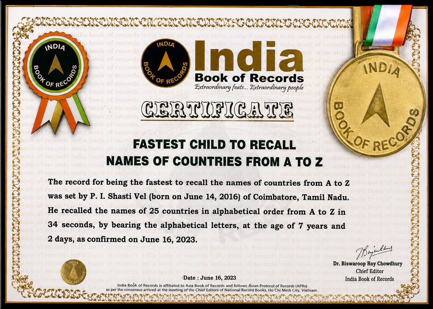 India Book of Records Certificate — India Book of Records, 2023