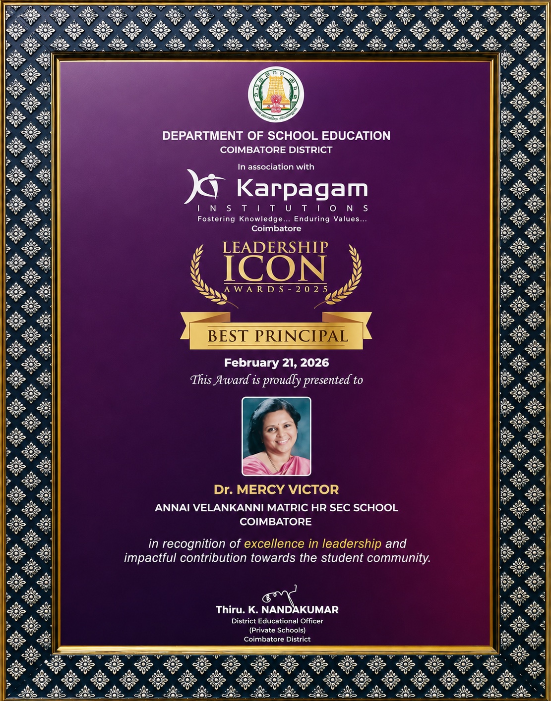 Leadership Icon – Best Principal Award — Department of School Education & Karpagam Institutions, 2025