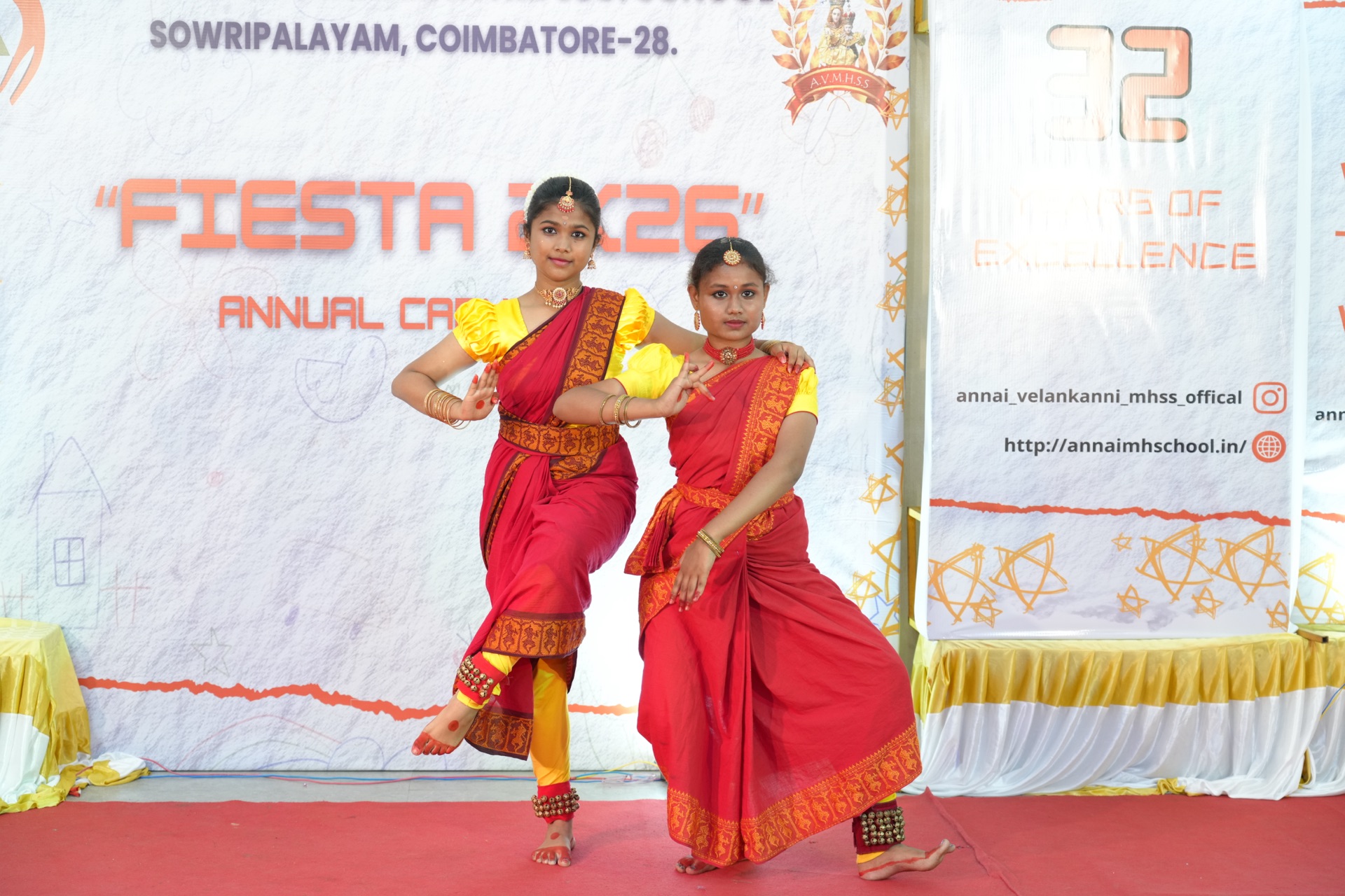 Two students performing a Bharatanatyam duet at the Annual Fiesta, Annai Velankanni School, Coimbatore