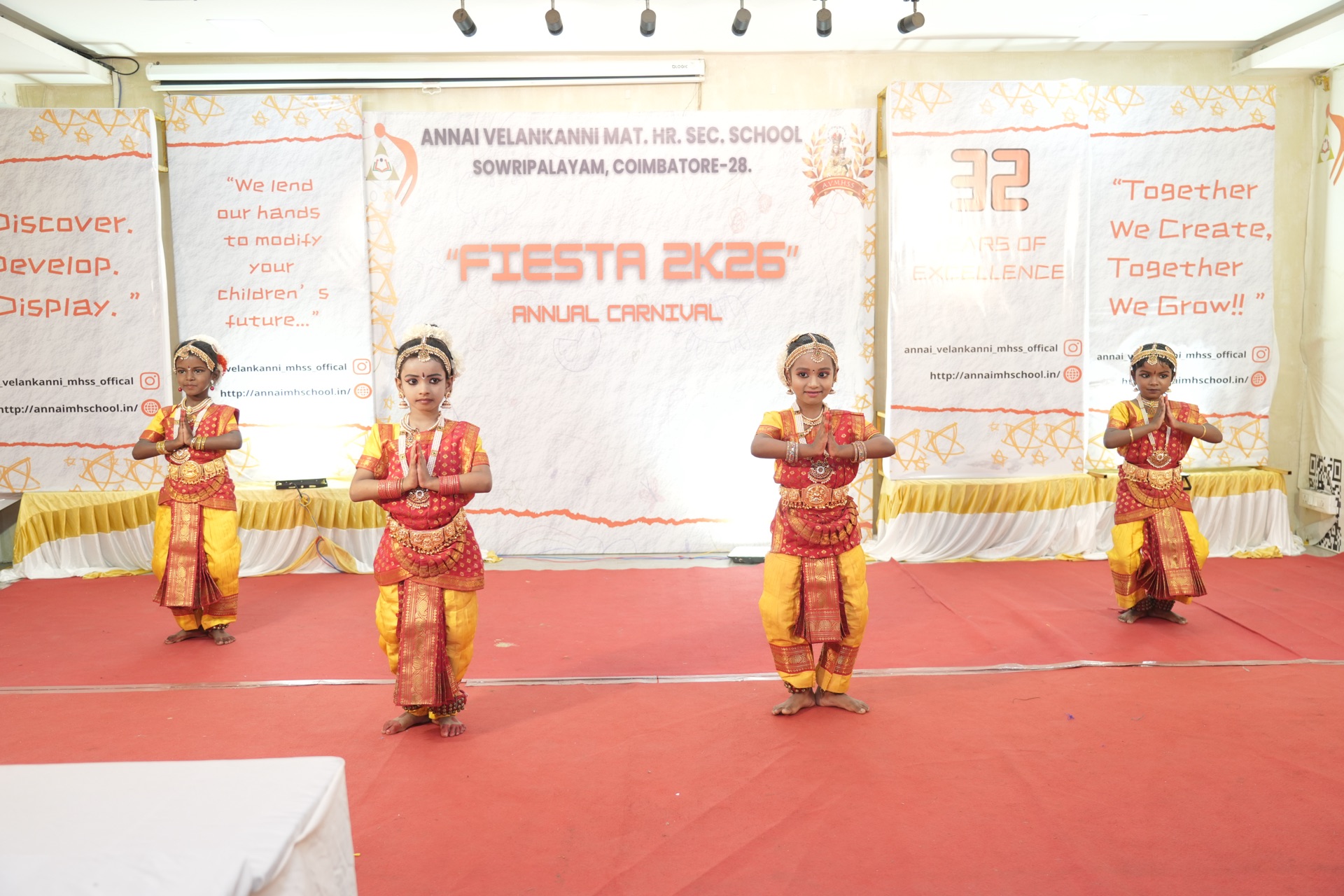Students performing a Bharatanatyam group recital at the Annual Fiesta, Annai Velankanni School, Coimbatore