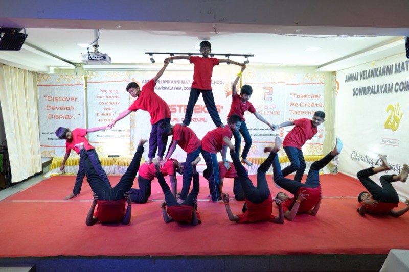 Students performing an acrobatic formation at the Annual Fiesta, Annai Velankanni School, Coimbatore