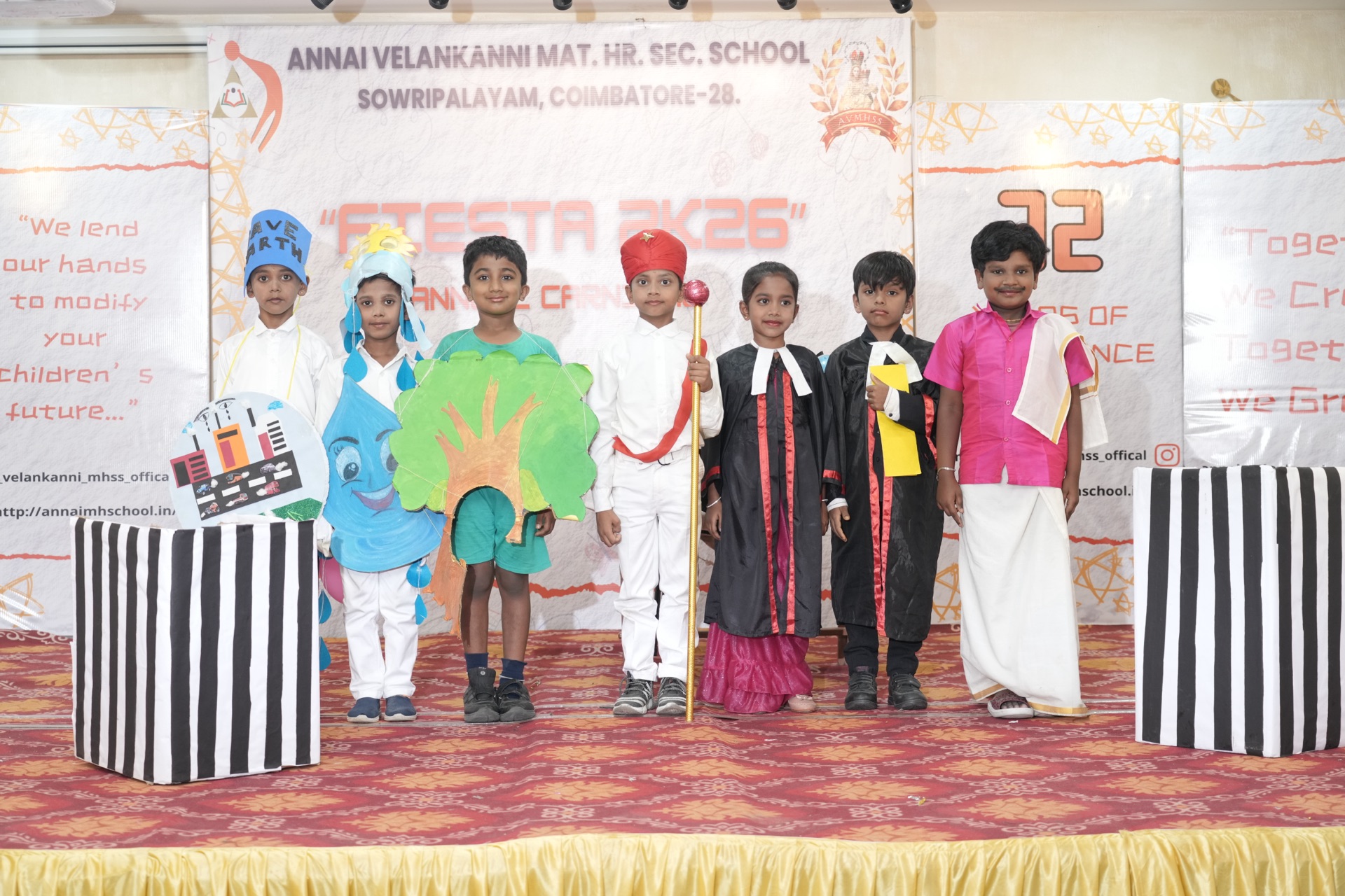 Students in costume for a value-education skit on protecting the environment at Annai Velankanni School, Coimbatore
