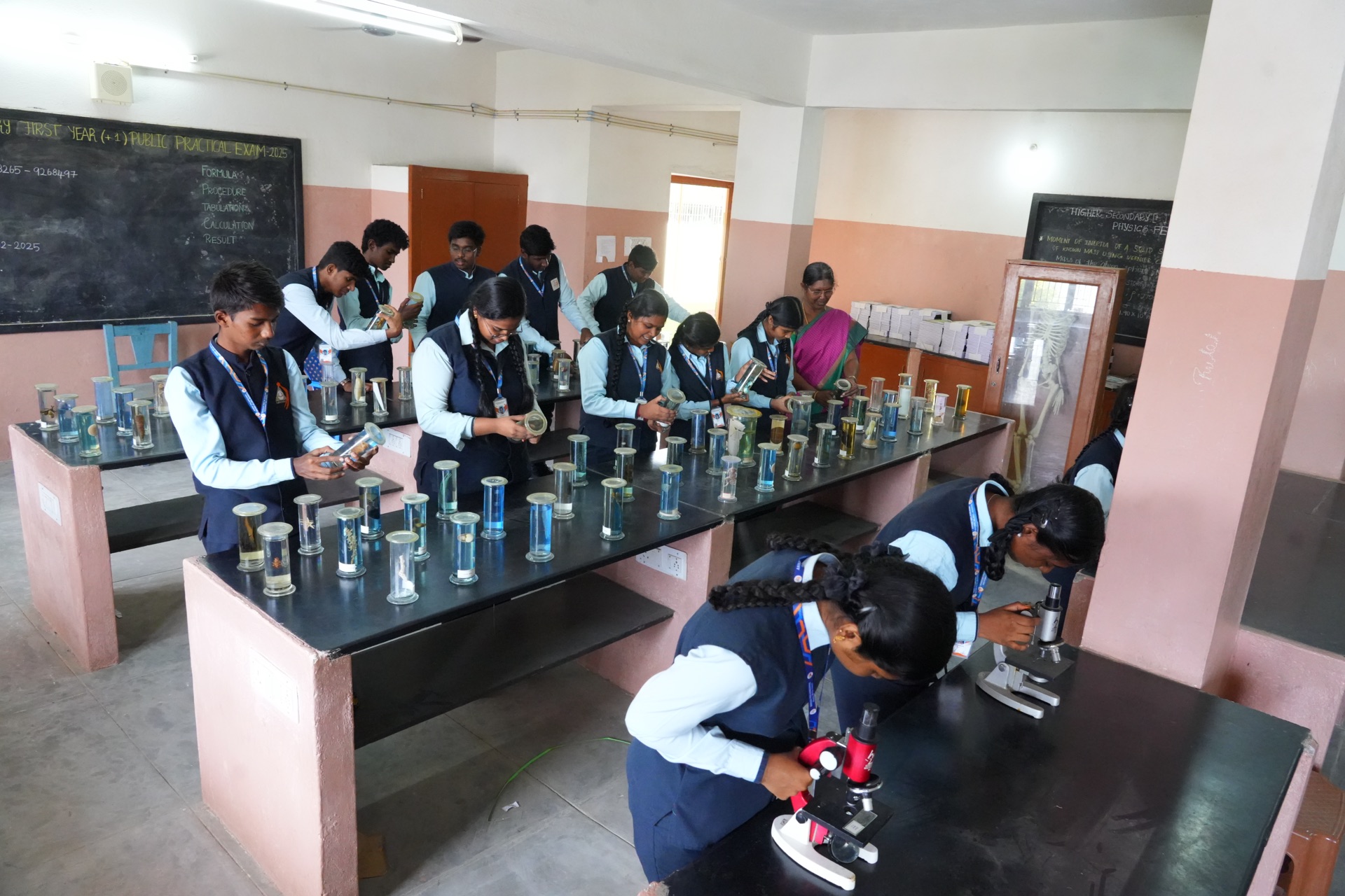 Students examining specimens in the biology laboratory at Annai Velankanni School, Sowripalayam