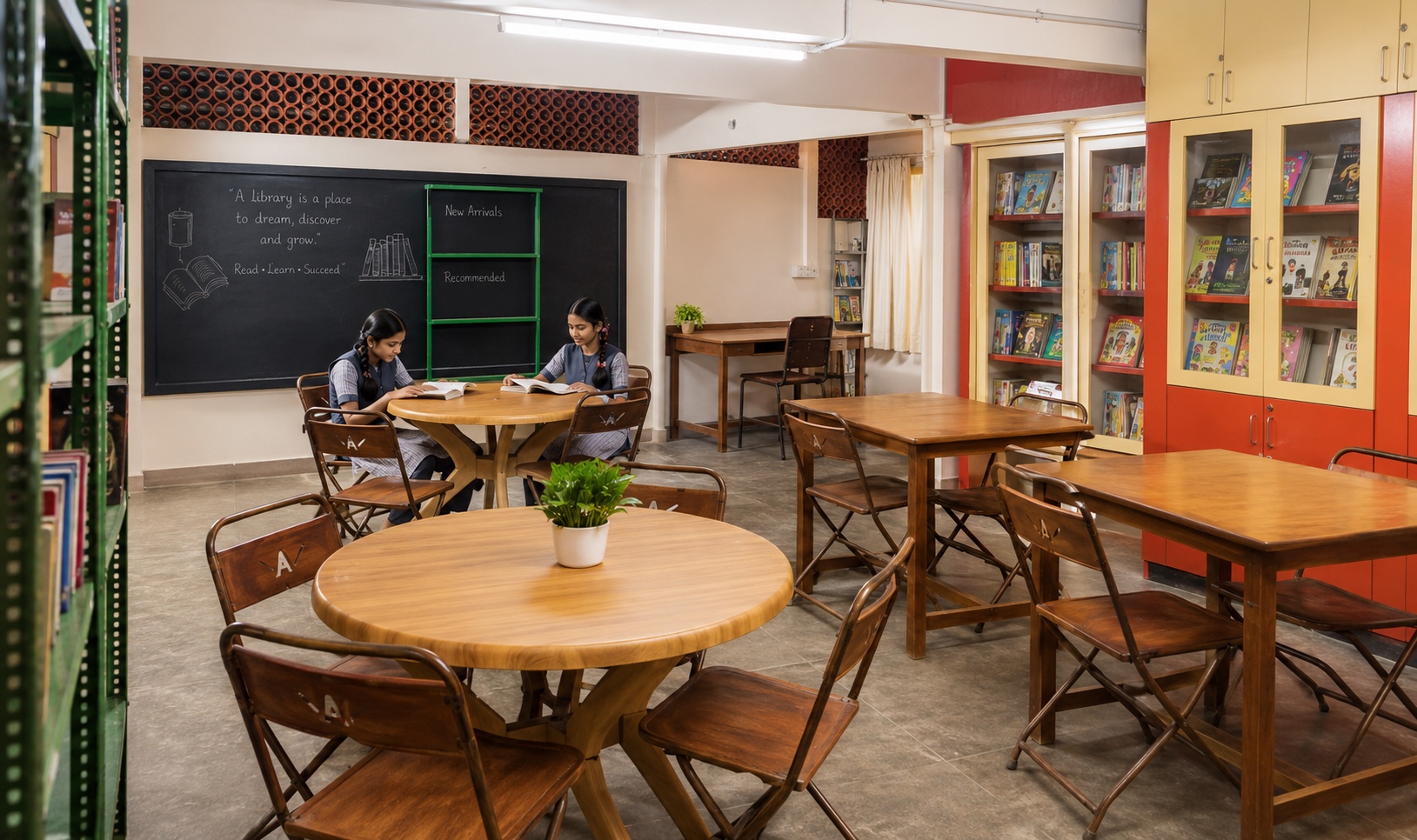 Students reading at the library at Annai Velankanni School, Sowripalayam, Coimbatore