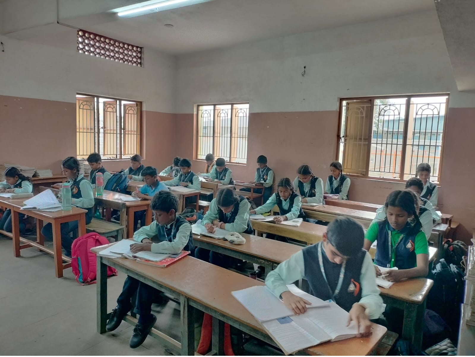 Students studying in a classroom at Annai Velankanni Matriculation Higher Secondary School, Sowripalayam, Coimbatore